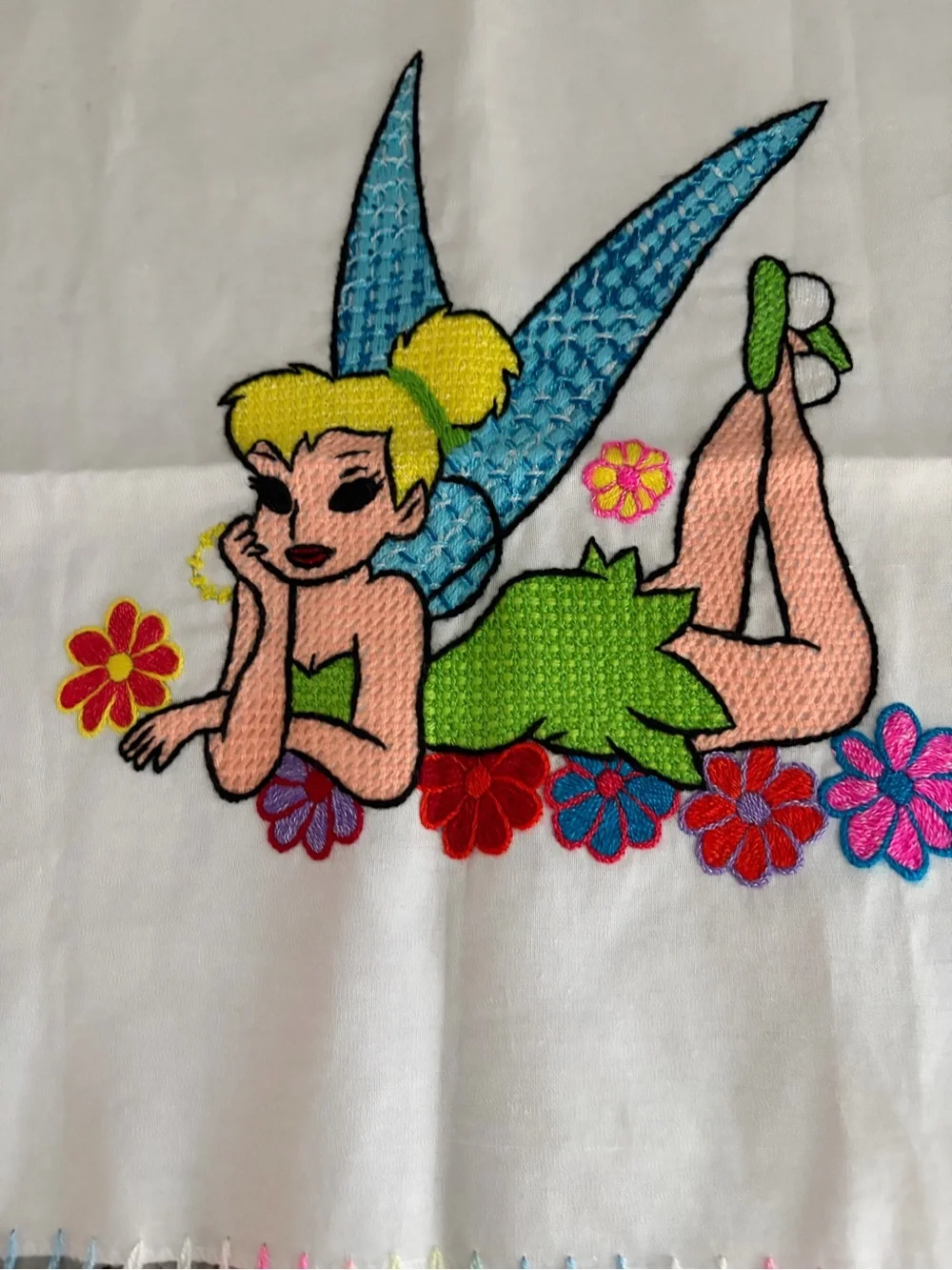 VTG Tinkerbell Hand Embroidered Fairy with Colorful Crochet Edge